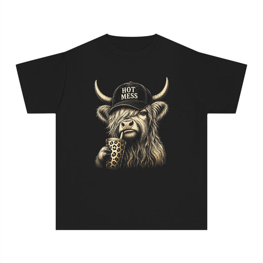 Youth Tee — 'Hot Mess' Highland Cow Graphic Shirt