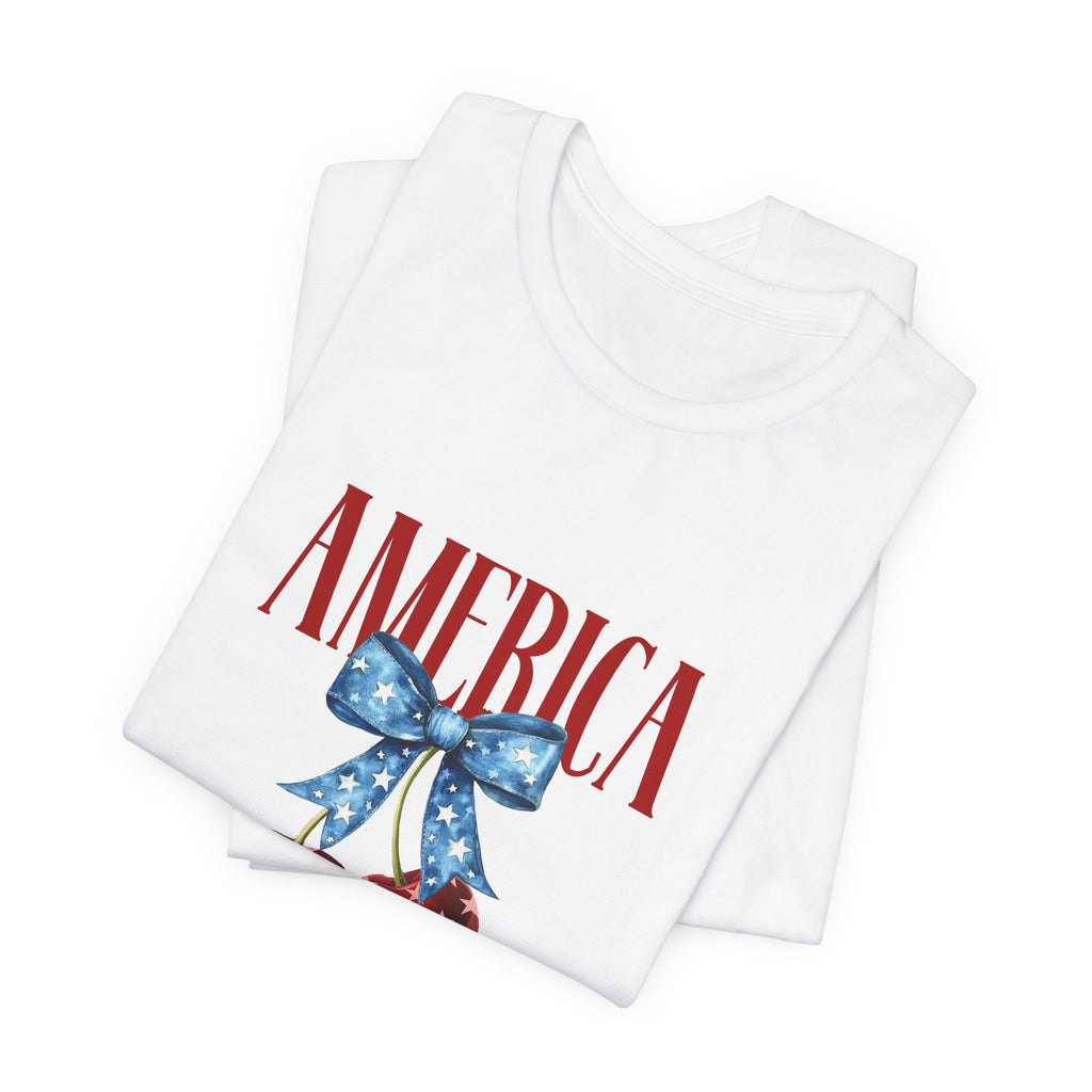 America Cherry Graphic Tee – Patriotic 4th of July Shirt