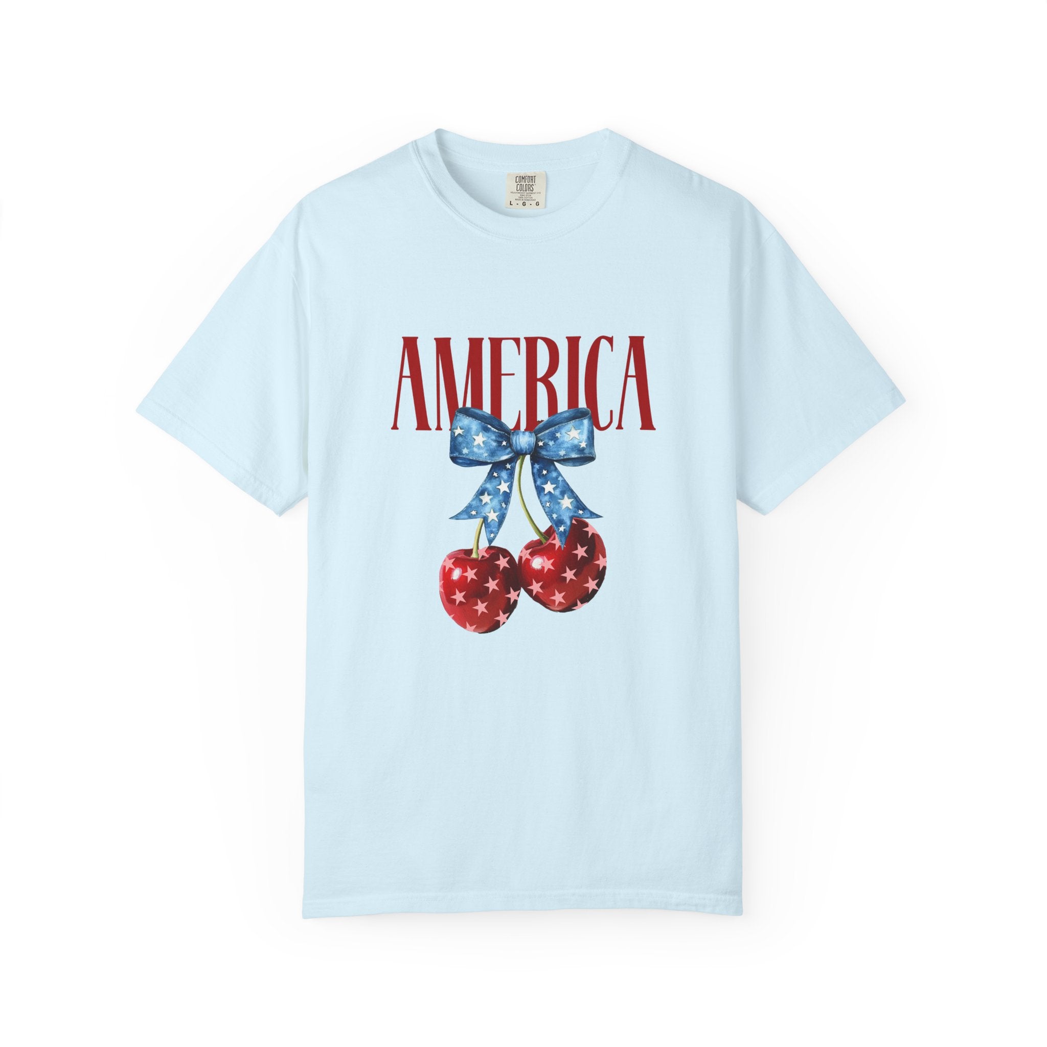 America Cherry Graphic T‑Shirt — Patriotic Stars & Stripes Bow Tee