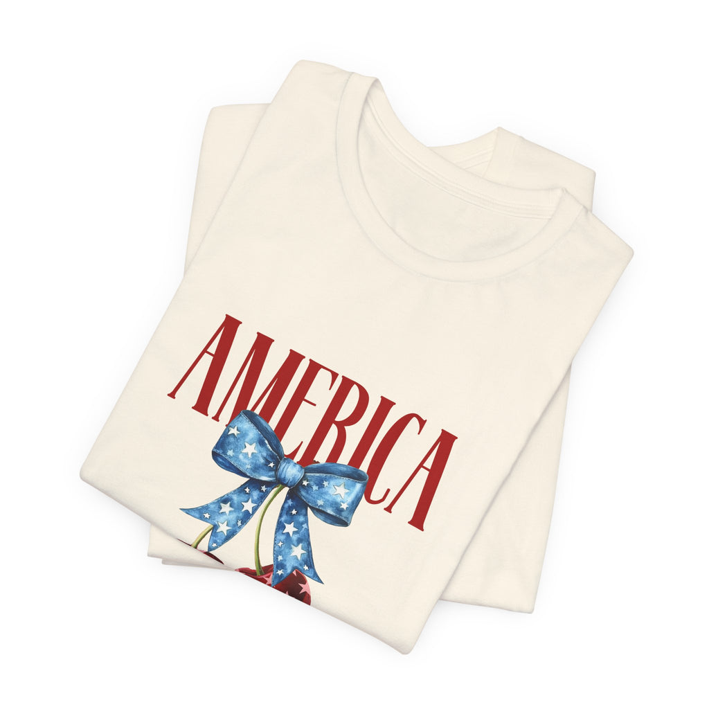America Cherry Graphic Tee – Patriotic 4th of July Shirt
