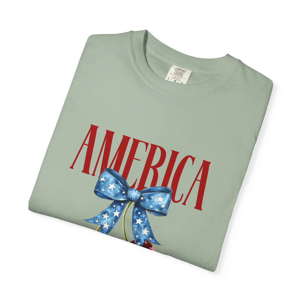 America Cherry Graphic T‑Shirt — Patriotic Stars & Stripes Bow Tee