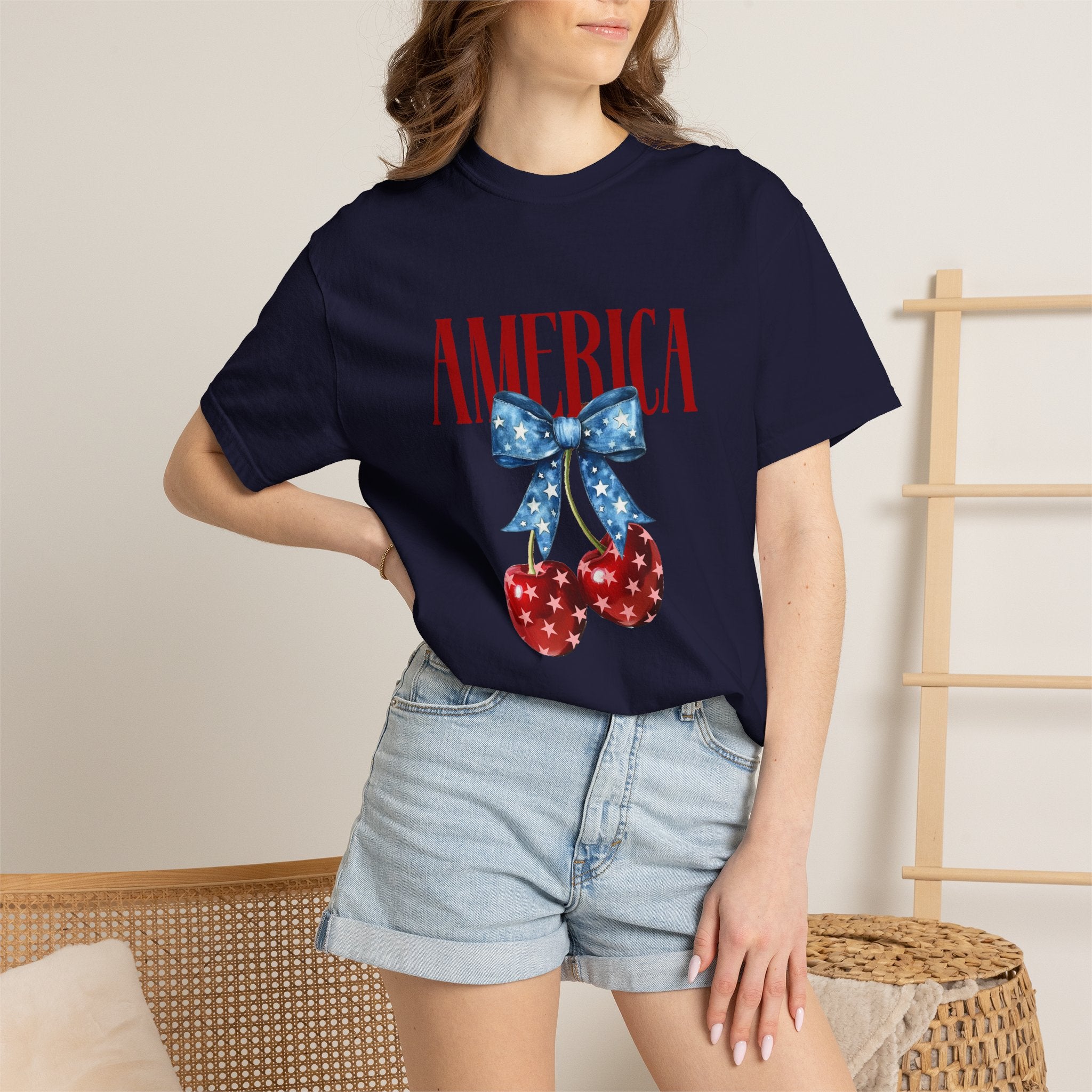 America Cherry Graphic T‑Shirt — Patriotic Stars & Stripes Bow Tee