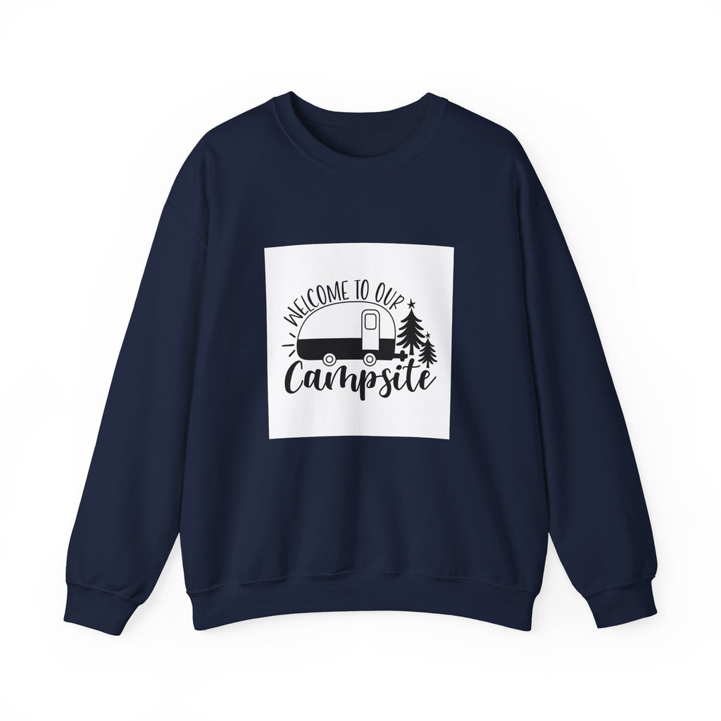 Campsite Crewneck Sweatshirt - "Welcome to Our Campsite" Camper & Pine Trees
