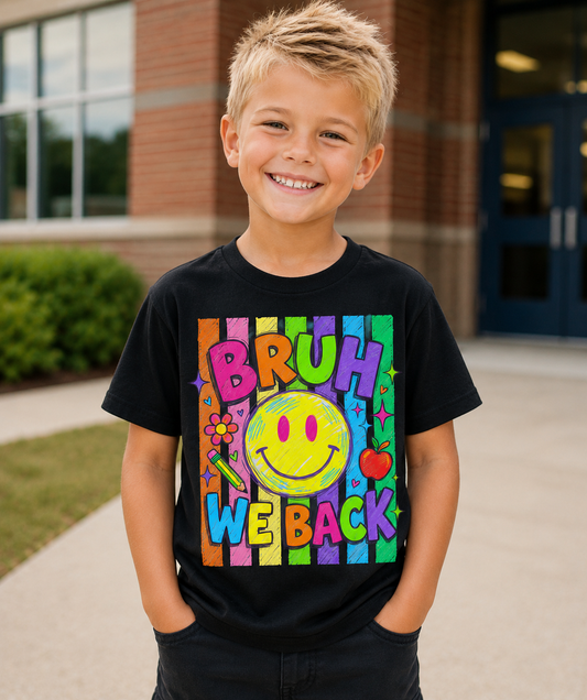 Youth Tee — "Bruh We Back" Colorful Smile Graphic