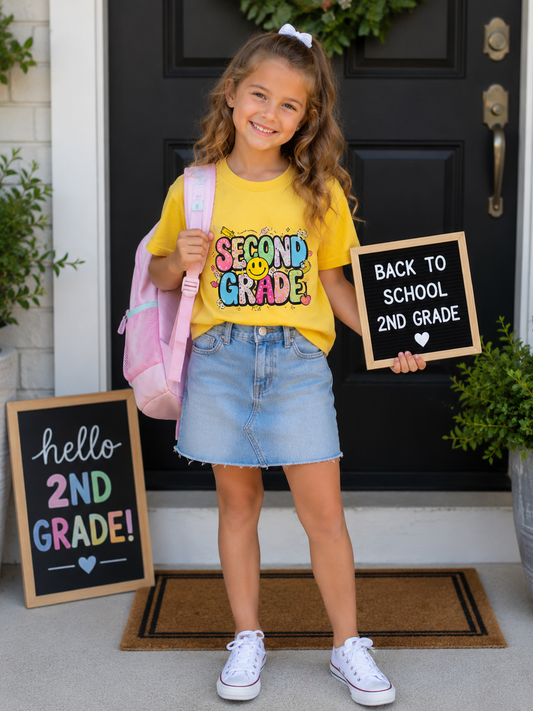 Second Grade Kids T-Shirt — Cute Colorful Back-to-School Tee with Smiley Design