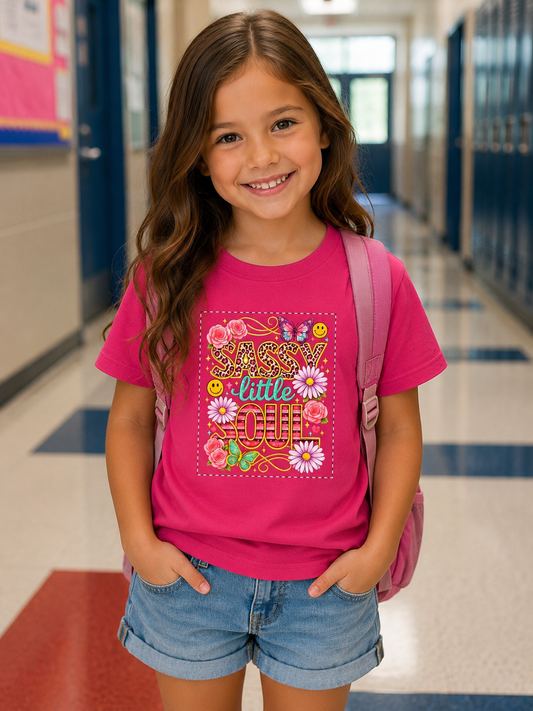 Sassy Little Soul Youth Tee — Colorful Floral & Butterfly Graphic Shirt