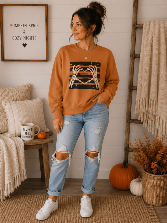 Heart Hands Skeleton Crewneck — Goth Halloween Romantic Sweatshirt
