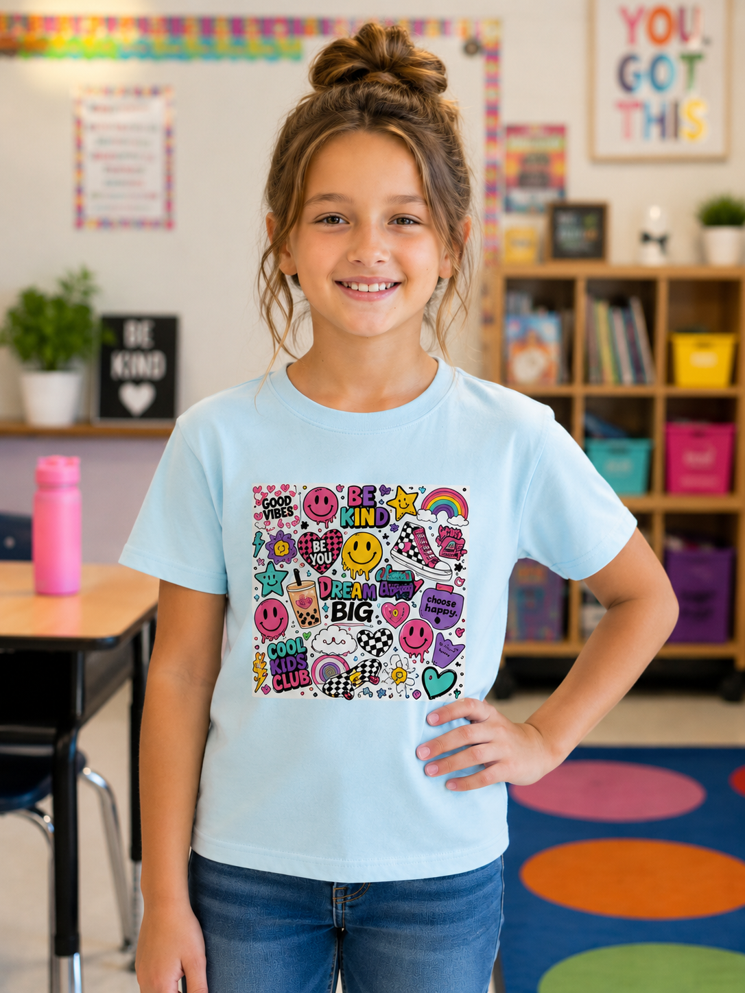 Youth Sticker Collage Tee — Positive Vibes Kids Graphic T-Shirt (Be Kind, Dream Big)