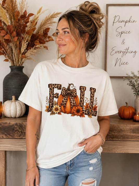 Fall Leopard Pumpkin T-Shirt — Autumn Floral Harvest Tee