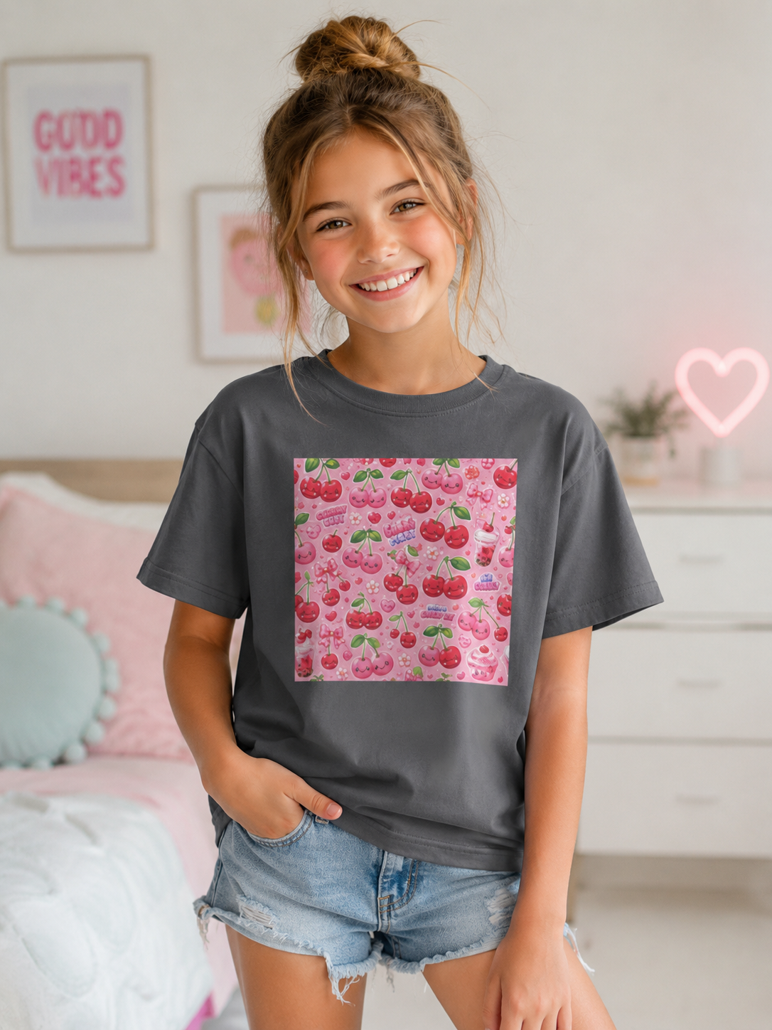 Kids Cherry Pattern Tee — Cute Pink Strawberry & Cherry Fruit Graphic Shirt