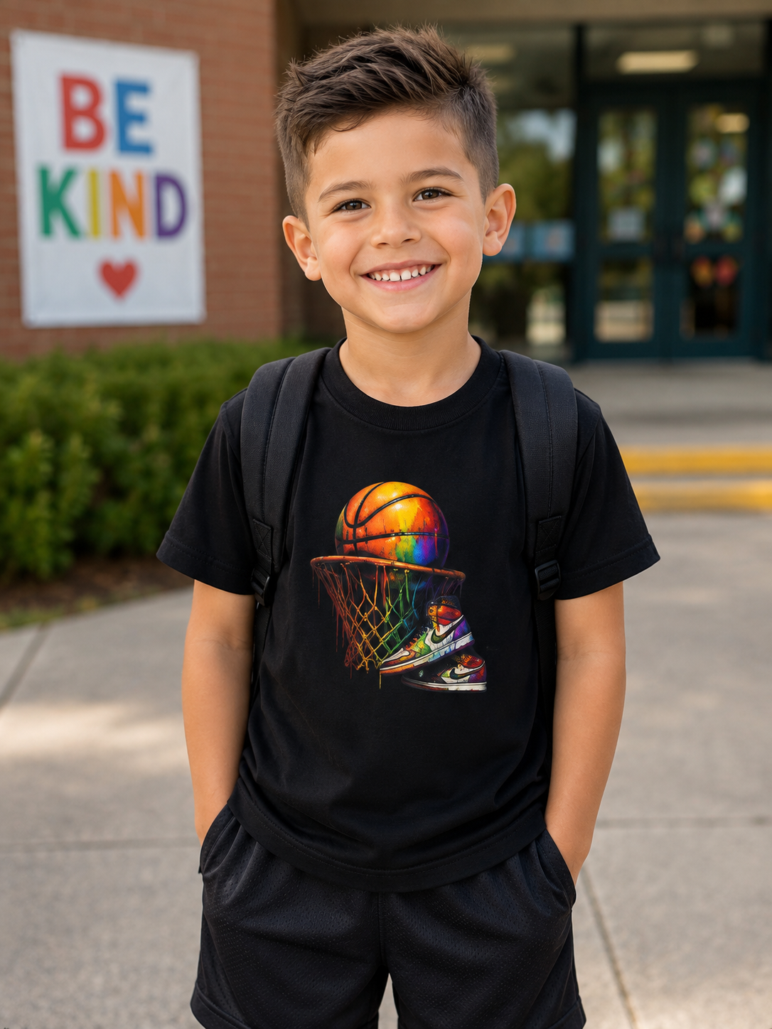 Kids Basketball T‑Shirt — Colorful Sneaker & Net Graphic Tee