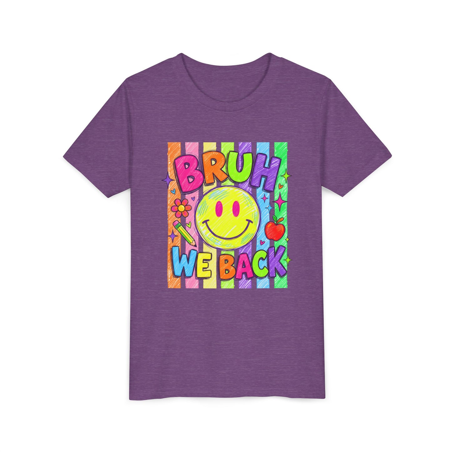 Youth Tee — "Bruh We Back" Colorful Smile Graphic