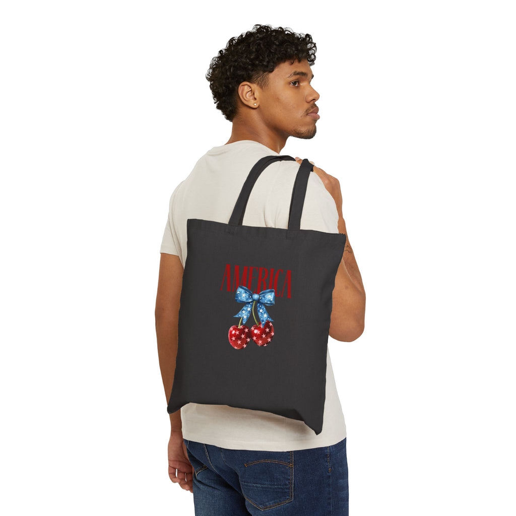 America Cherry Tote Bag — Patriotic Cotton Canvas Grocery Tote
