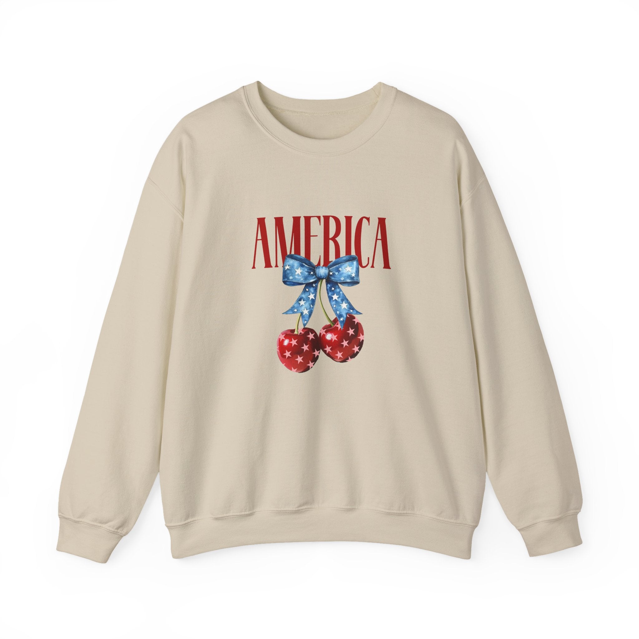 America Cherry Crewneck Sweatshirt - Patriotic Red White Blue Bow Design