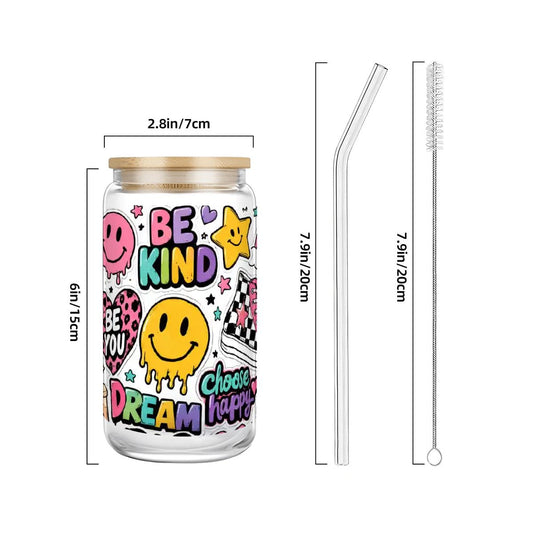 Glass Tumbler with Straw  Bamboo Lid  (16oz) sticker collage