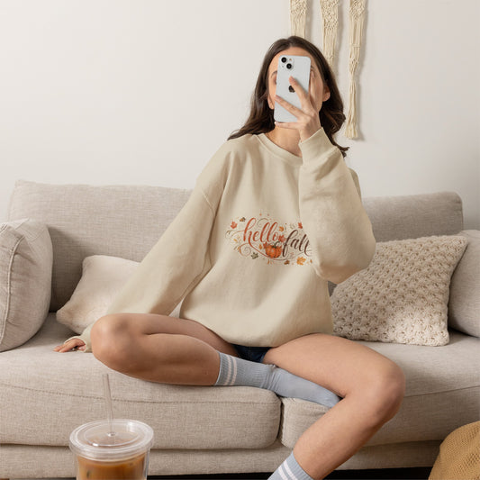 Hello Fall Sweatshirt — Cozy Pumpkin & Leaves Crewneck