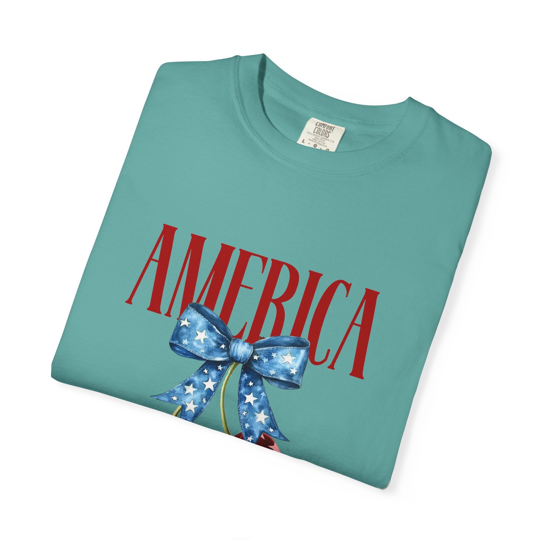 America Cherry Graphic T‑Shirt — Patriotic Stars & Stripes Bow Tee