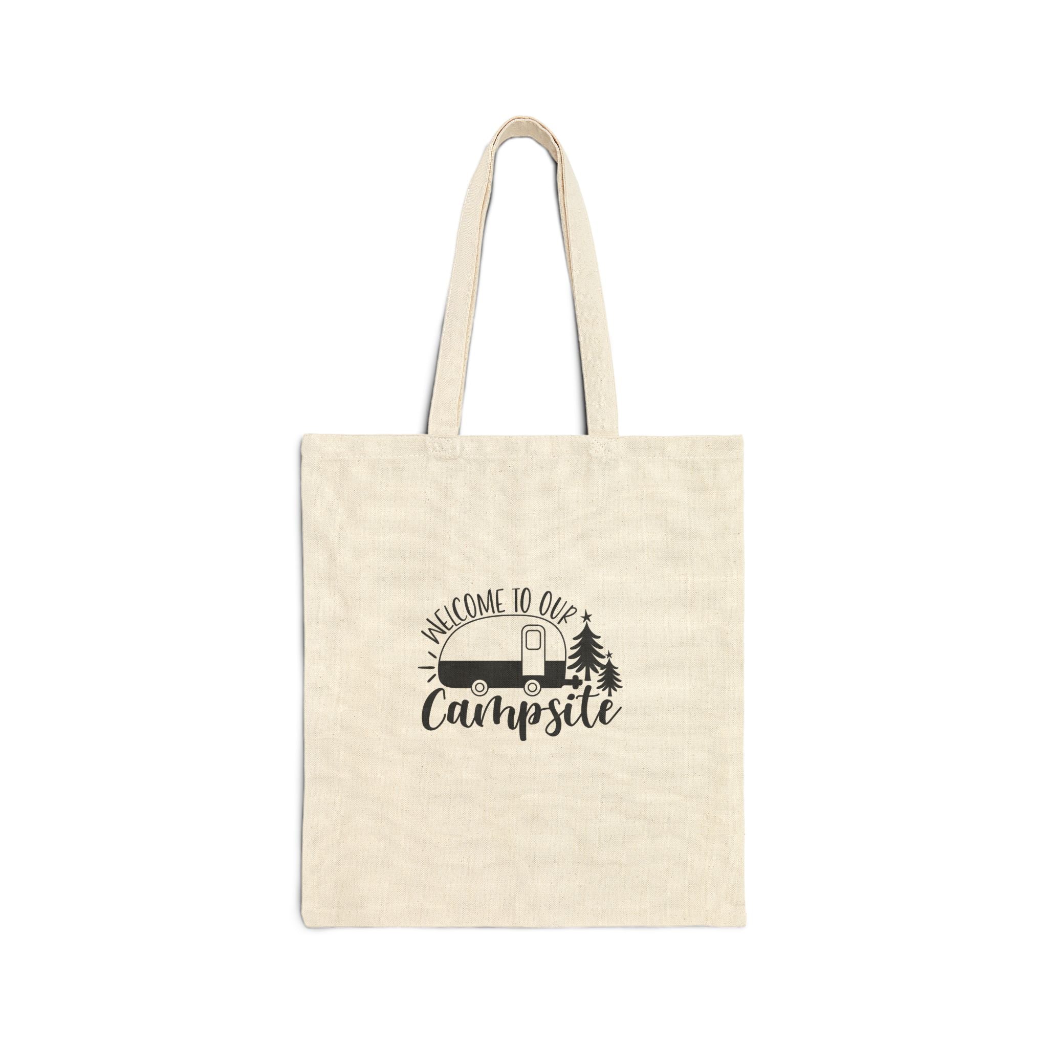 Campsite Canvas Tote Bag — "Welcome to Our Campsite" Camper & Trees