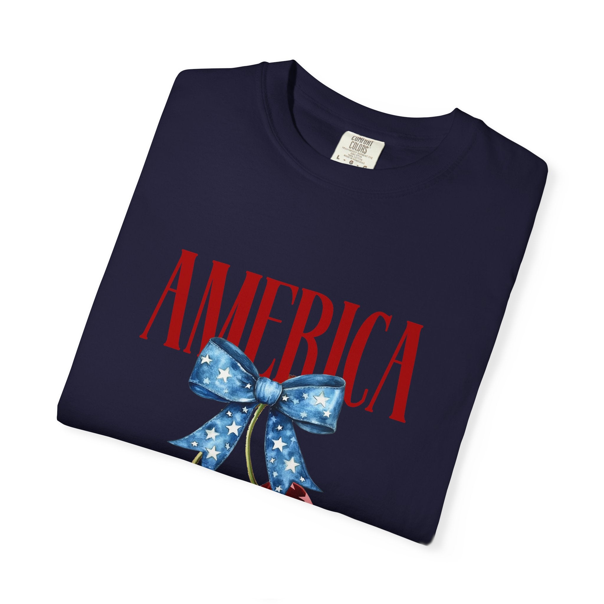 America Cherry Graphic T‑Shirt — Patriotic Stars & Stripes Bow Tee