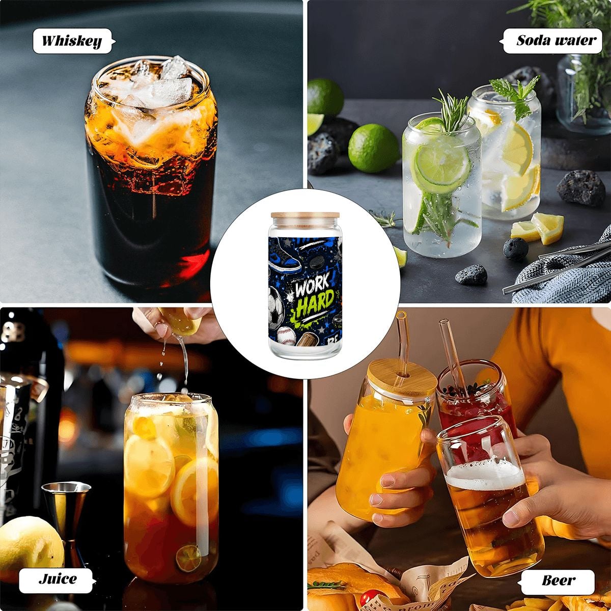 Glass Tumbler with Straw  Bamboo Lid  (16oz) Sports Collage