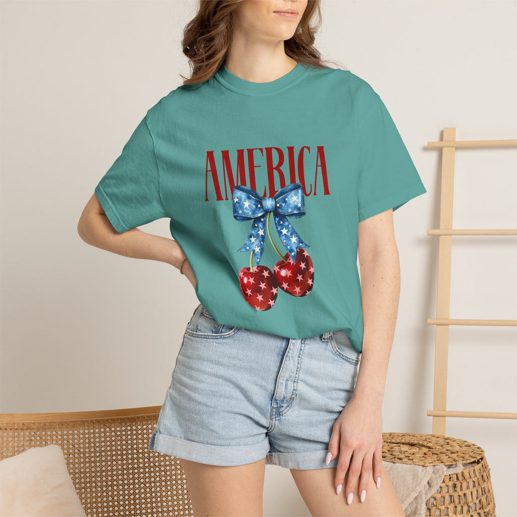 America Cherry Graphic T‑Shirt — Patriotic Stars & Stripes Bow Tee