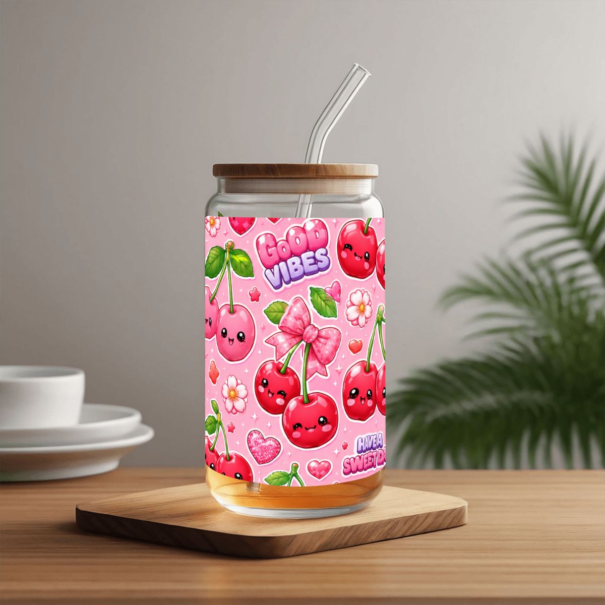 Glass Tumbler with Straw  Bamboo Lid  (16oz) Cherry Kawaii