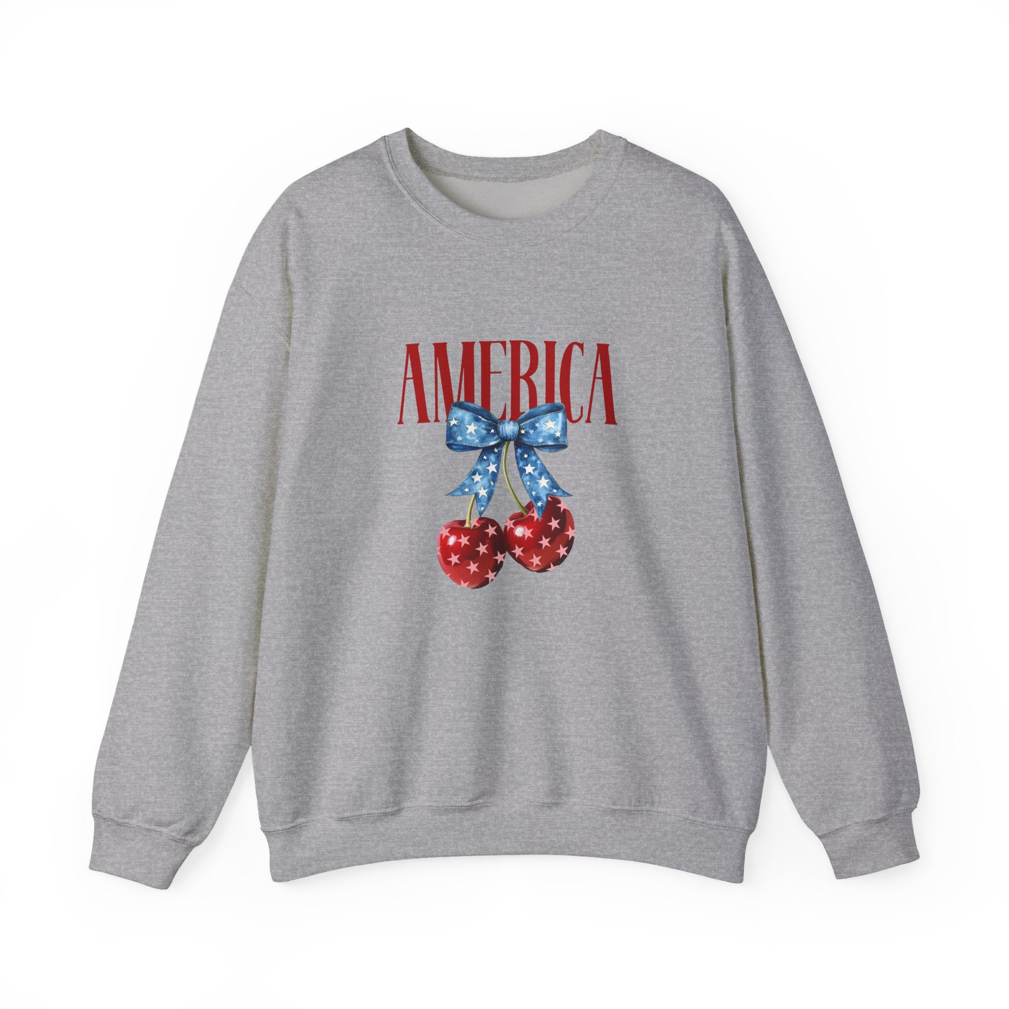 America Cherry Crewneck Sweatshirt - Patriotic Red White Blue Bow Design