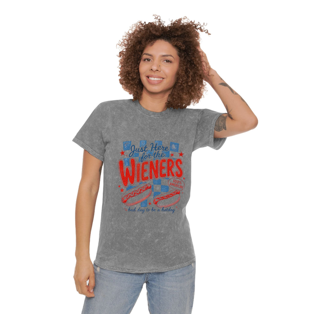 Just Here for the Wieners Mineral Wash T‑Shirt — Funny Hot Dog BBQ Tee