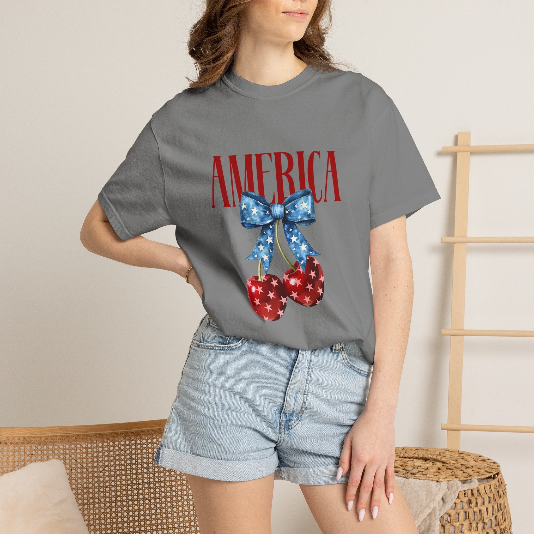 America Cherry Graphic T‑Shirt — Patriotic Stars & Stripes Bow Tee