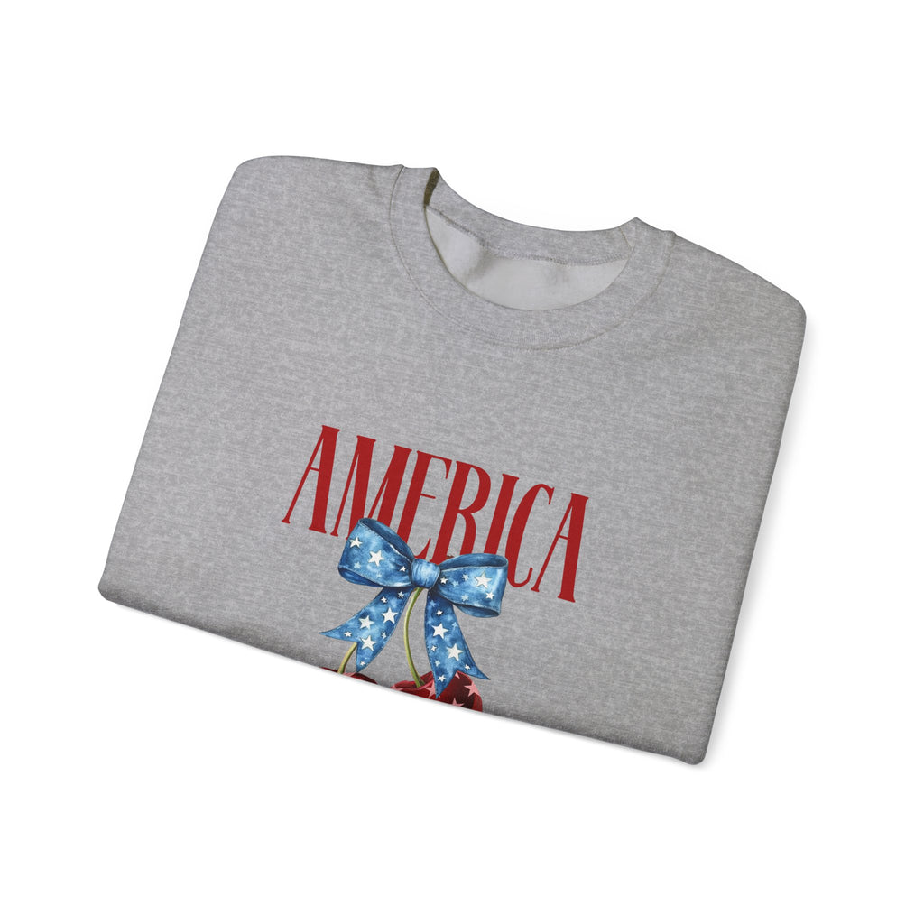 America Cherry Crewneck Sweatshirt - Patriotic Red White Blue Bow Design