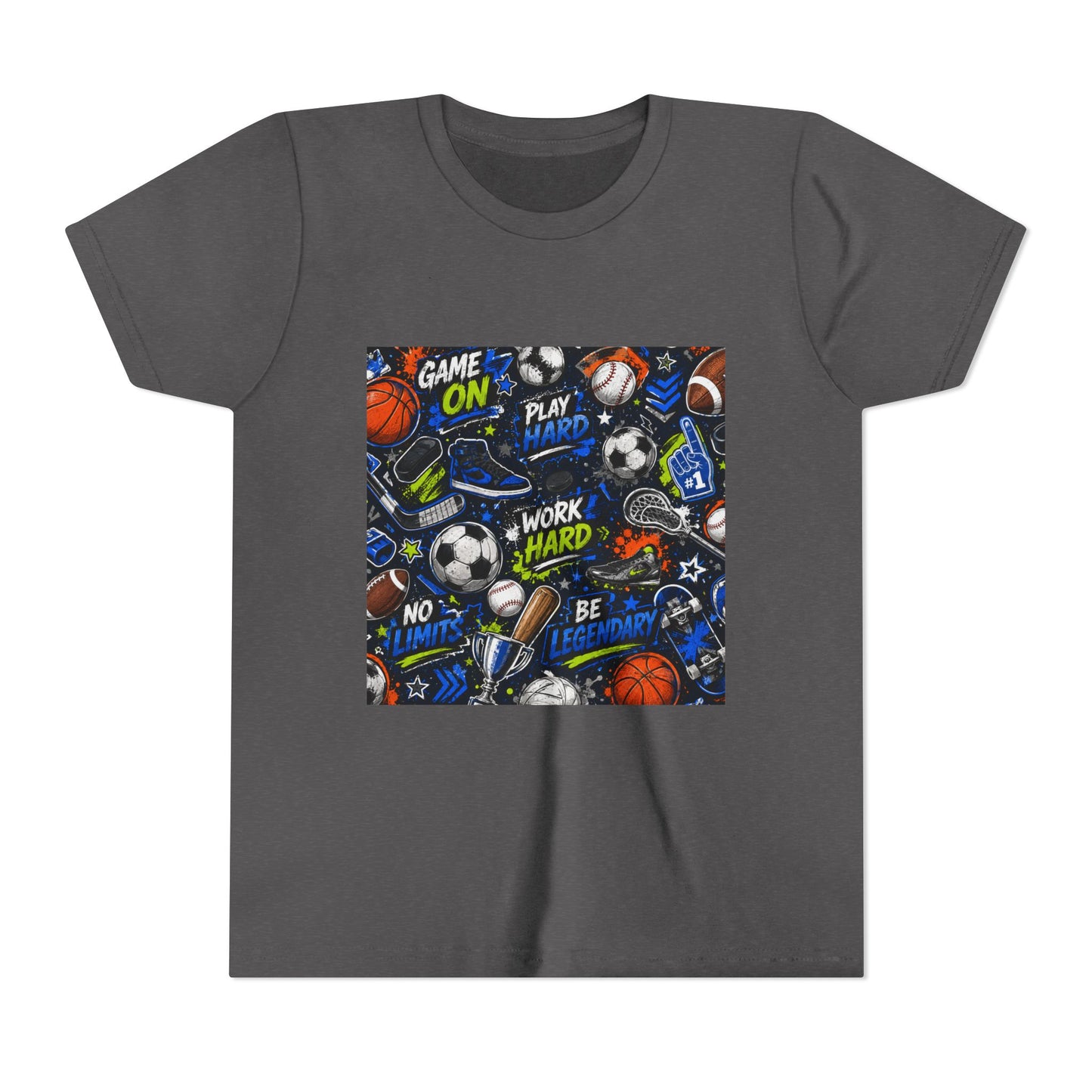 Youth Sports Graphic Tee — "Game On" Motivational Athletic Pattern