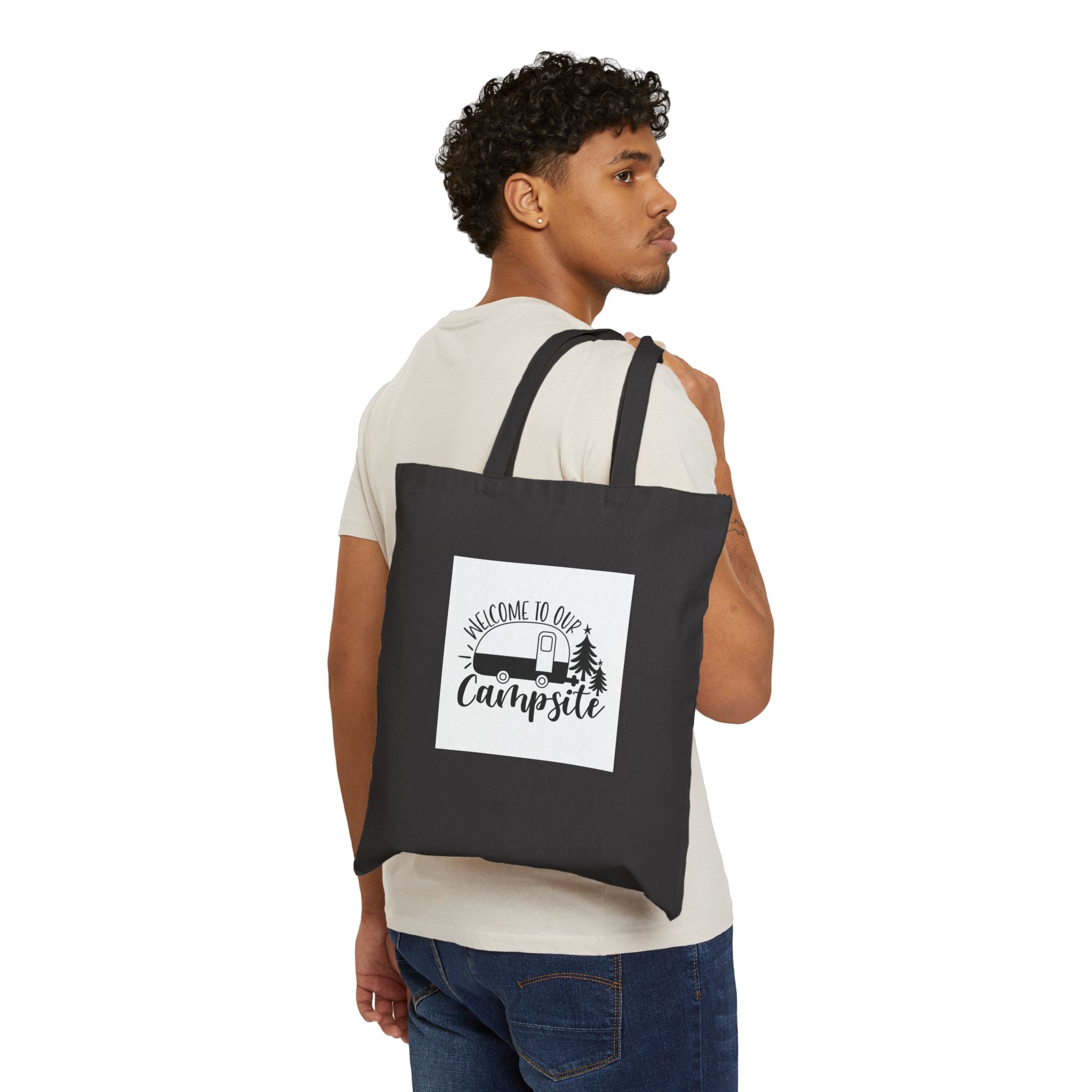 Campsite Canvas Tote Bag — "Welcome to Our Campsite" Camper & Trees