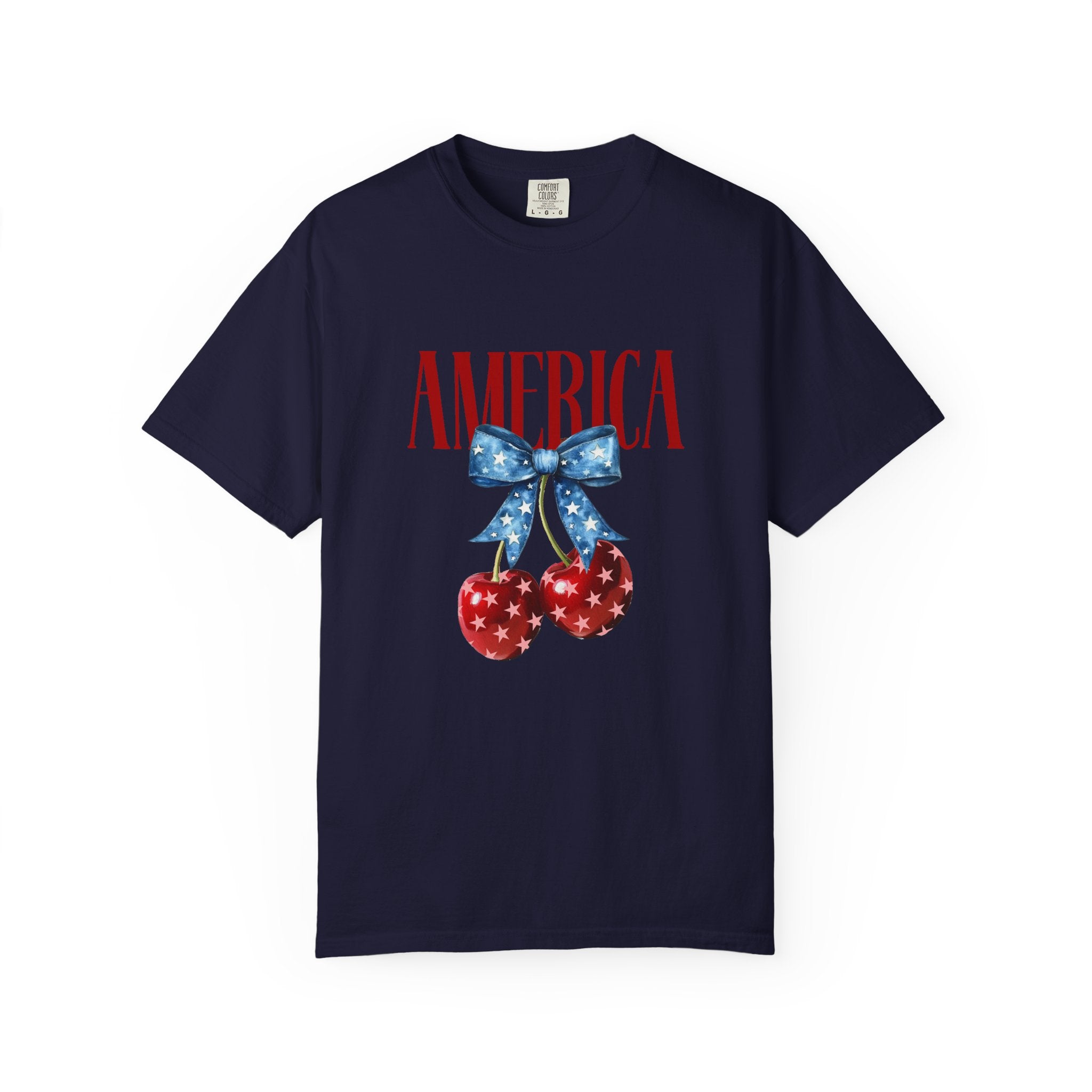America Cherry Graphic T‑Shirt — Patriotic Stars & Stripes Bow Tee