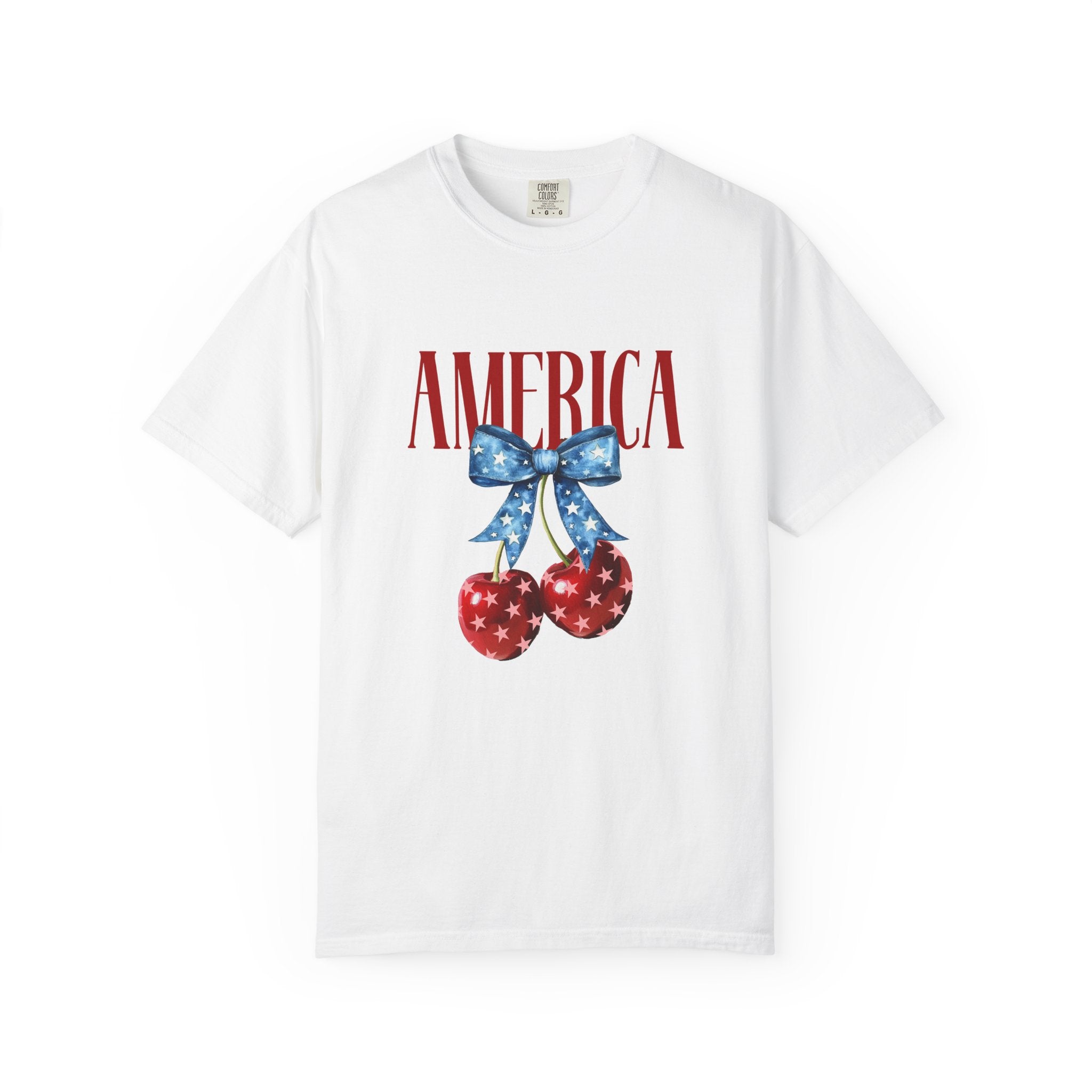 America Cherry Graphic T‑Shirt — Patriotic Stars & Stripes Bow Tee
