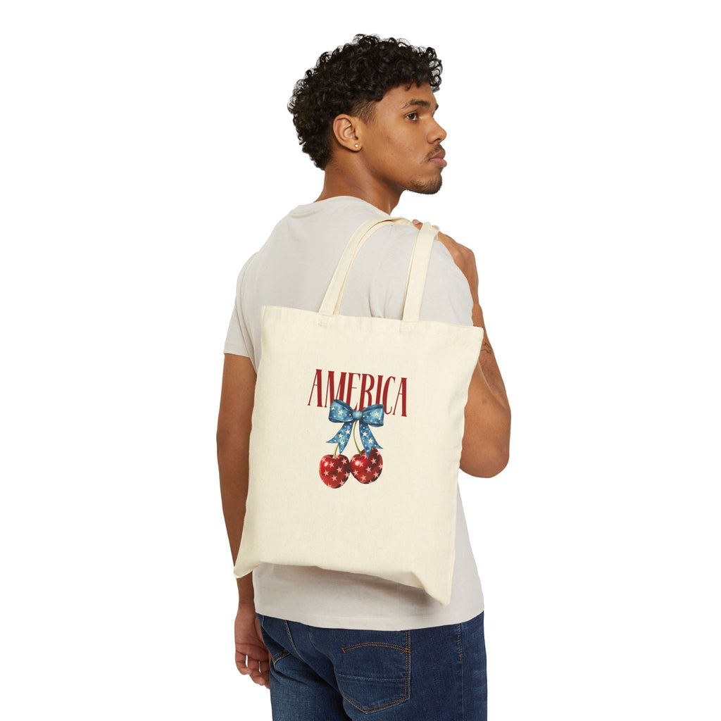 America Cherry Tote Bag — Patriotic Cotton Canvas Grocery Tote