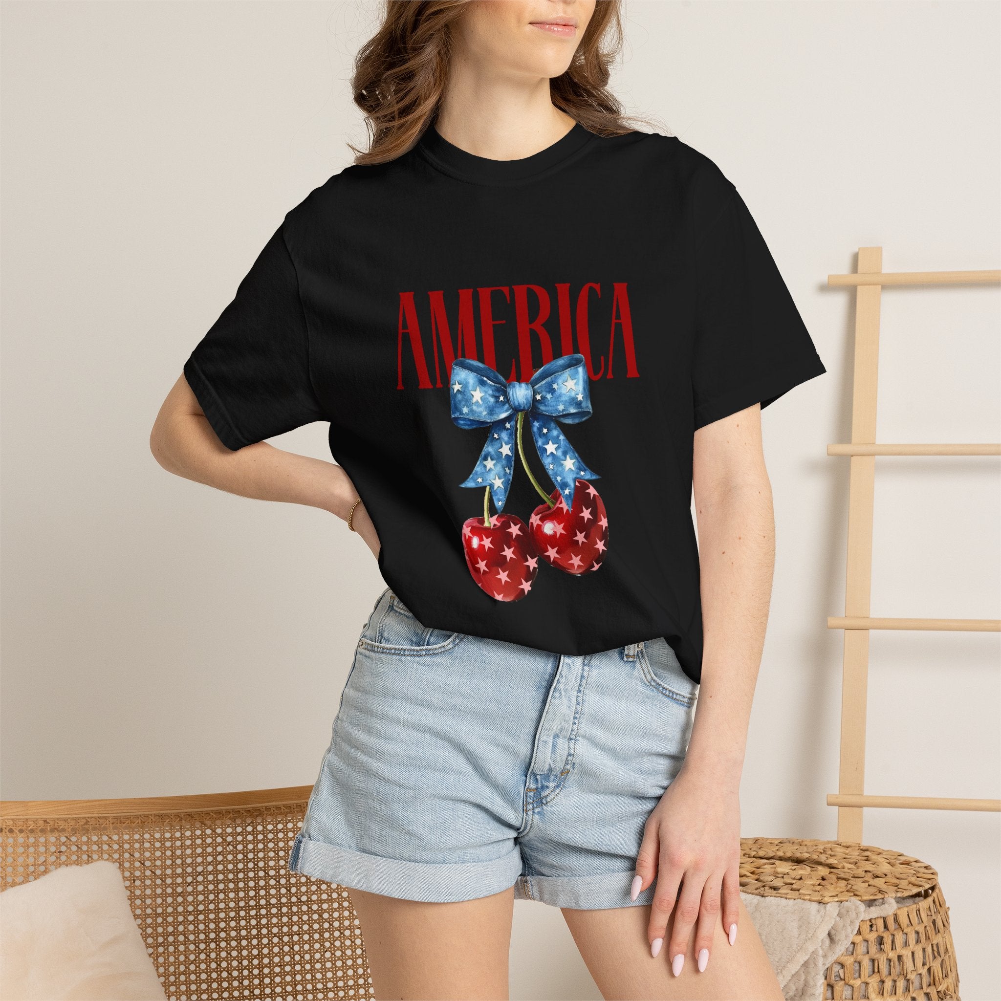 America Cherry Graphic T‑Shirt — Patriotic Stars & Stripes Bow Tee