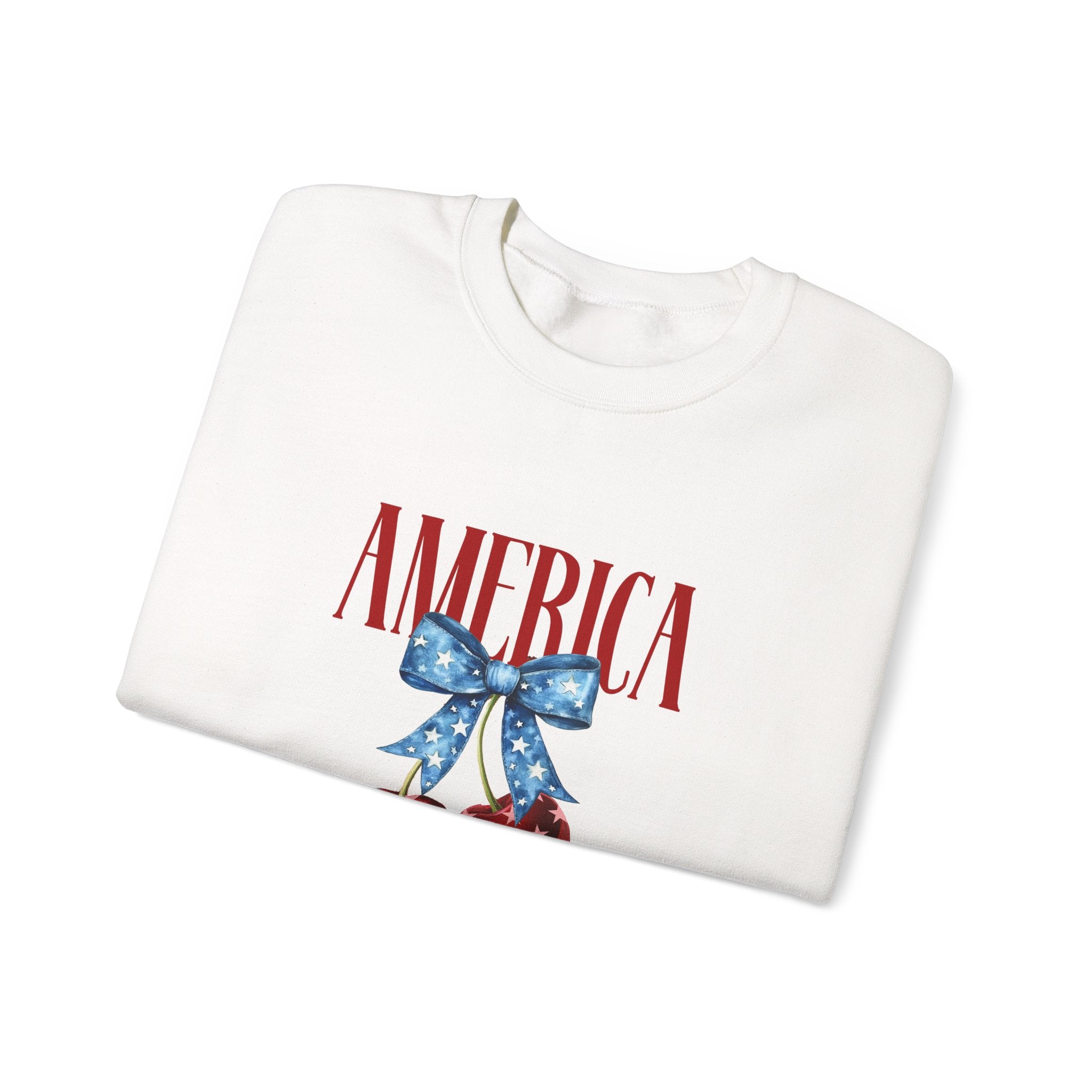 America Cherry Crewneck Sweatshirt - Patriotic Red White Blue Bow Design