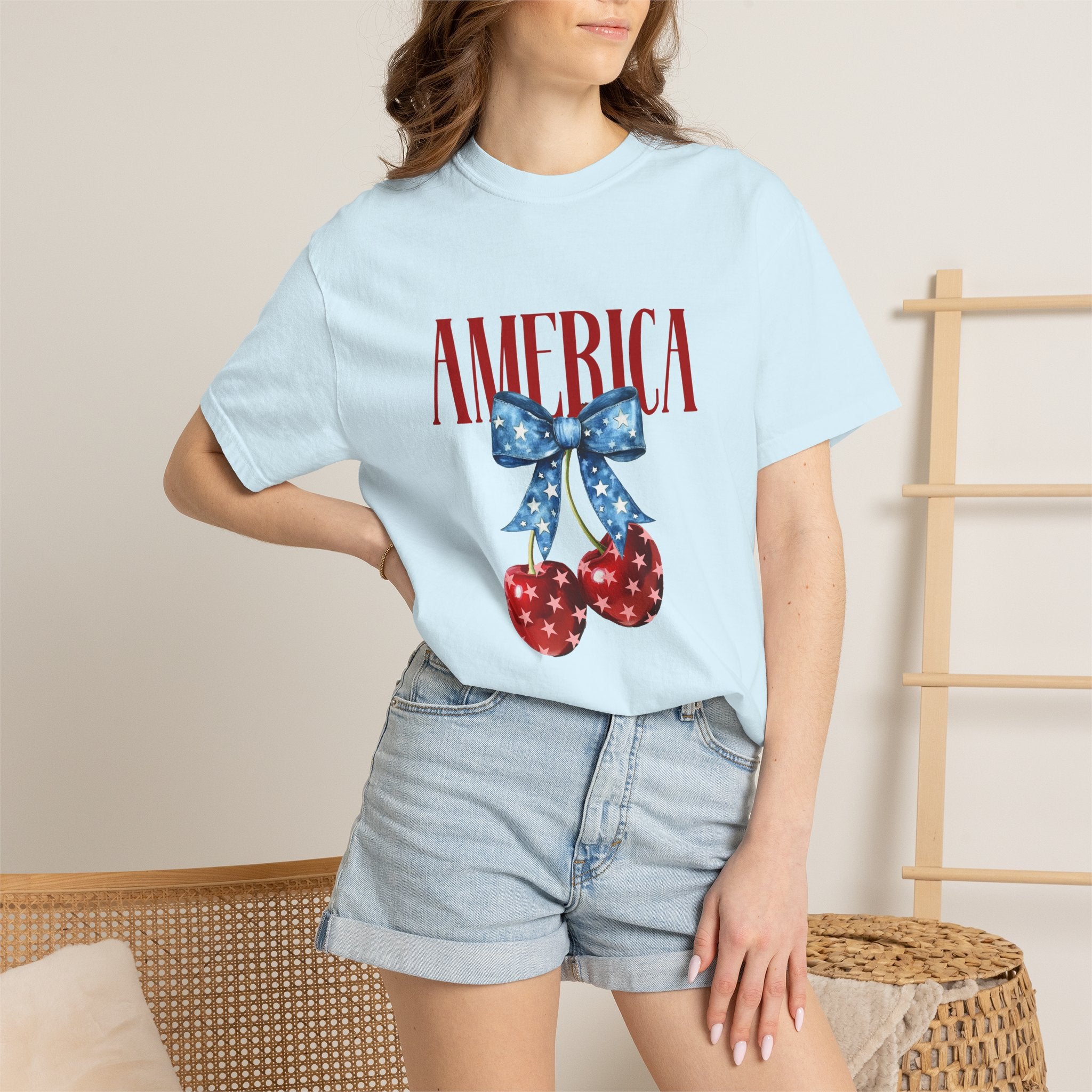 America Cherry Graphic T‑Shirt — Patriotic Stars & Stripes Bow Tee