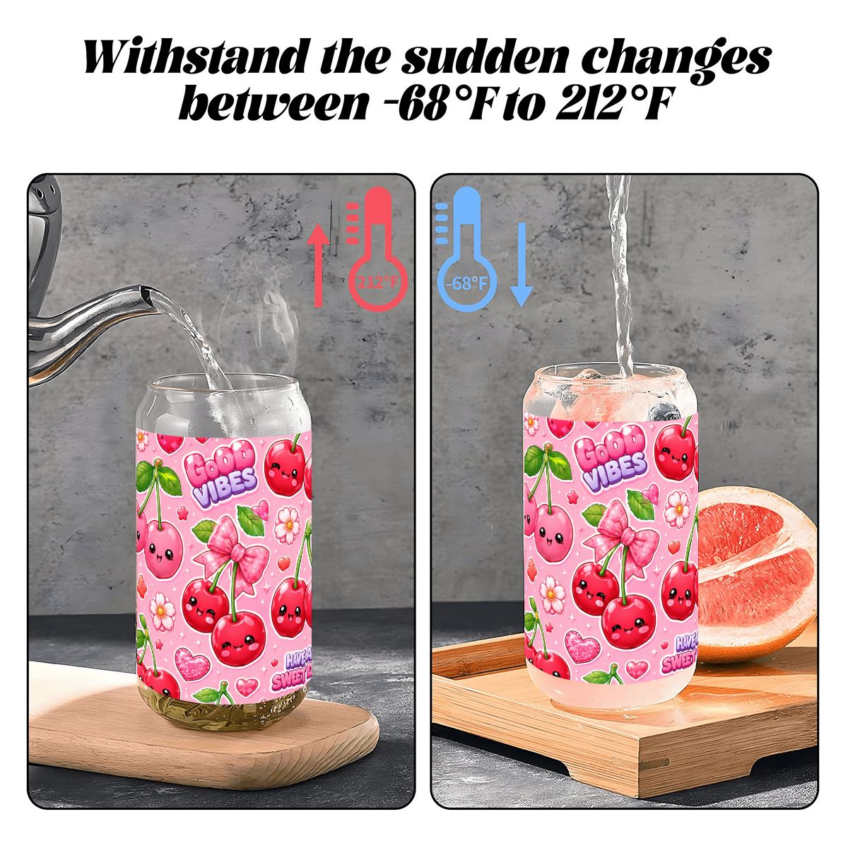 Glass Tumbler with Straw  Bamboo Lid  (16oz) Cherry Kawaii
