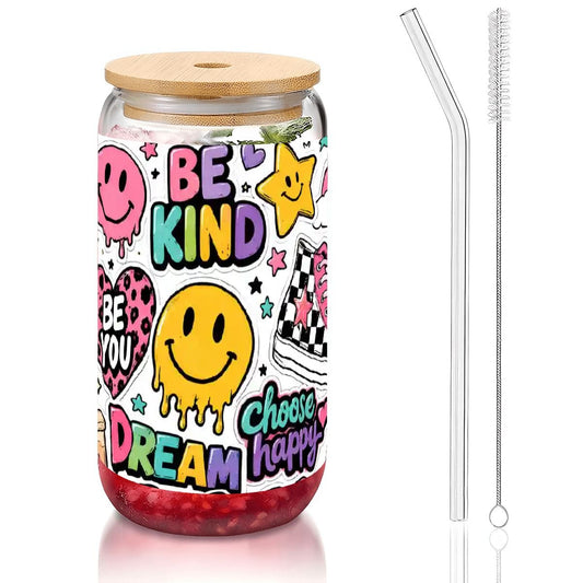 Glass Tumbler with Straw  Bamboo Lid  (16oz) sticker collage