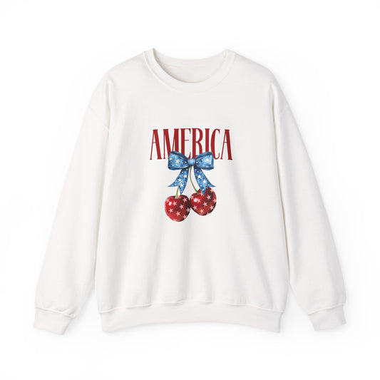 America Cherry Crewneck Sweatshirt - Patriotic Red White Blue Bow Design