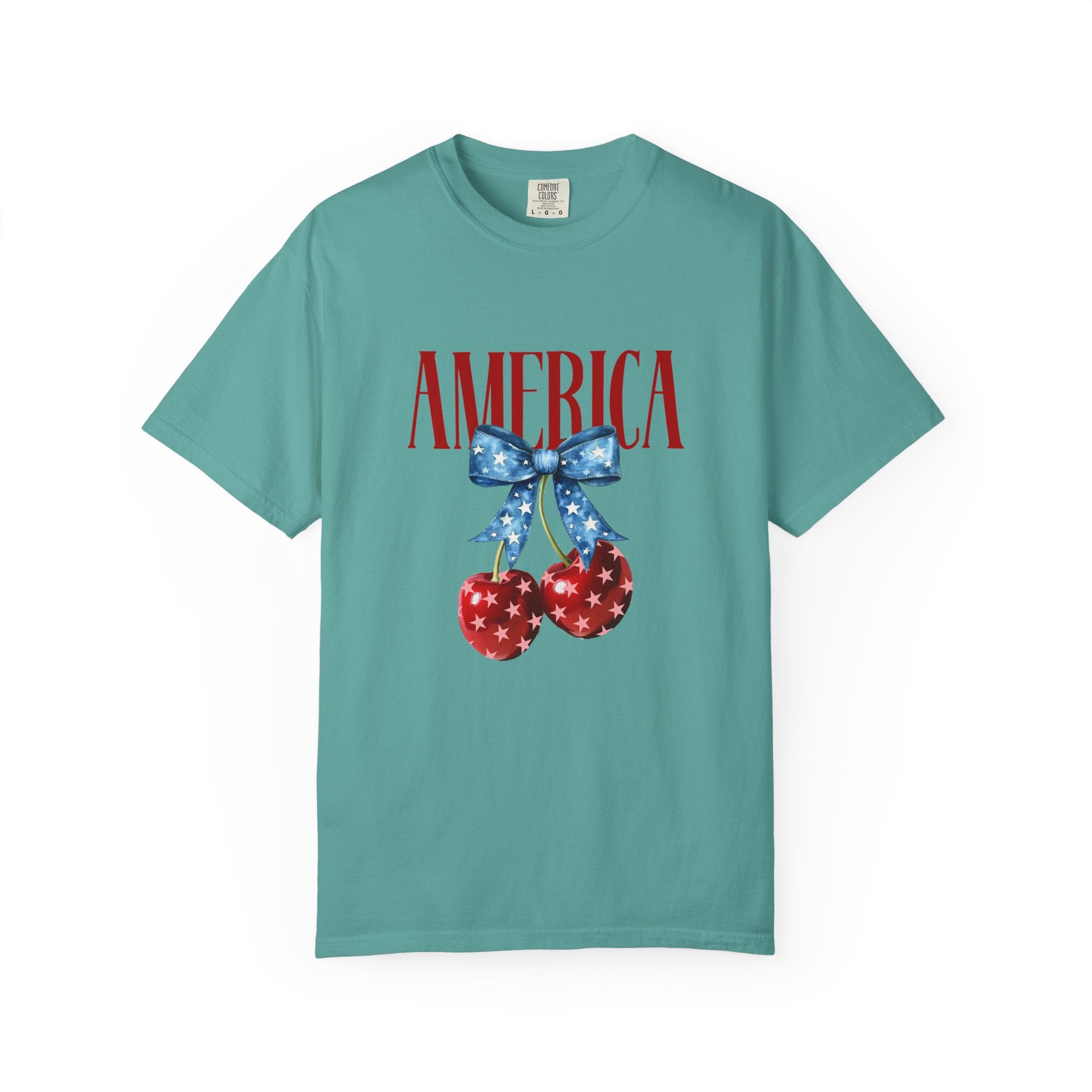 America Cherry Graphic T‑Shirt — Patriotic Stars & Stripes Bow Tee