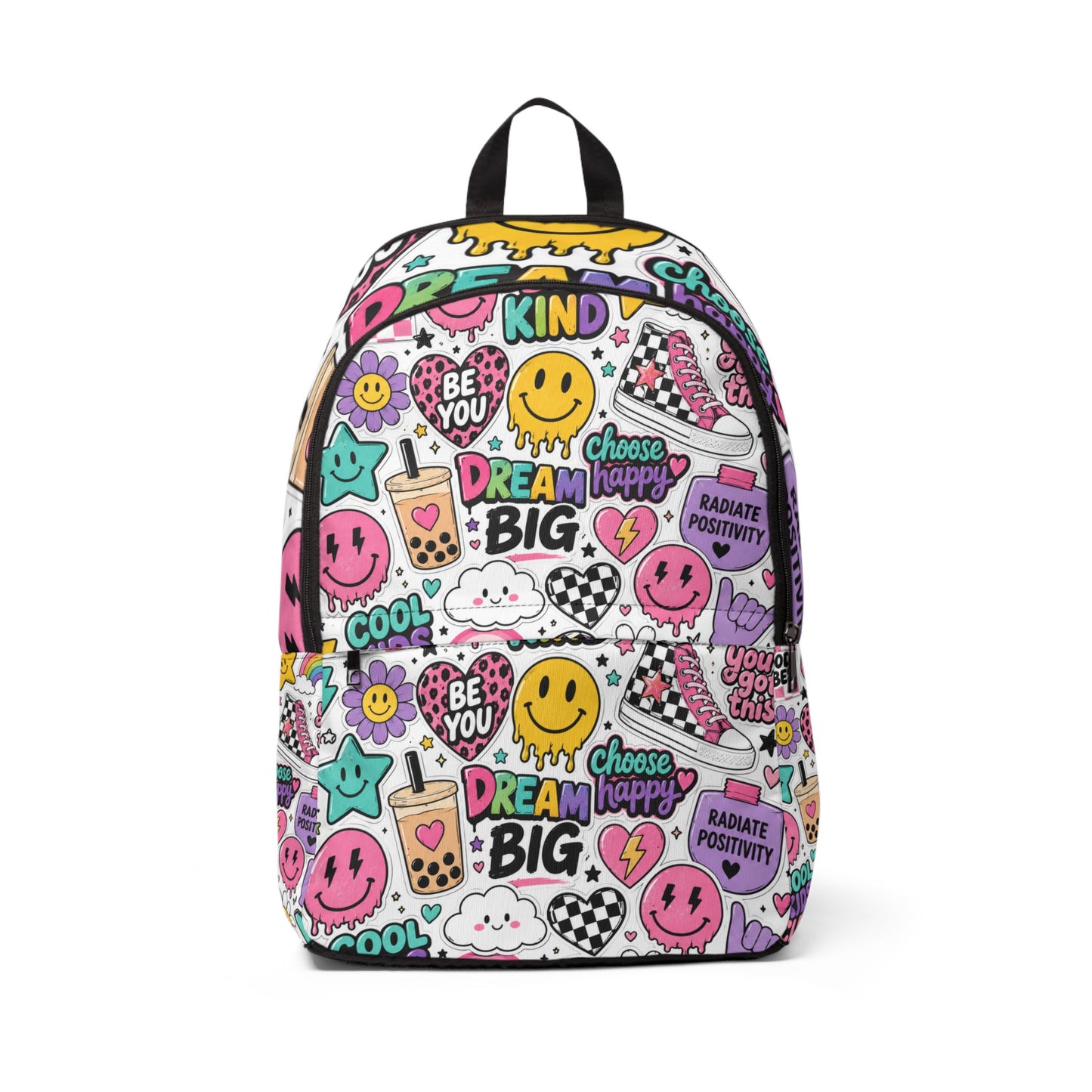 Doodle Sticker Print Backpack — "Dream Big" Cute Emoji School Bag