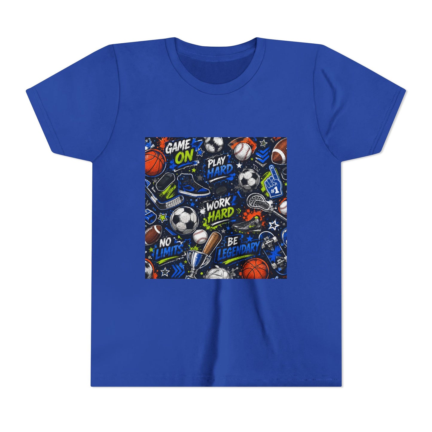 Youth Sports Graphic Tee — "Game On" Motivational Athletic Pattern