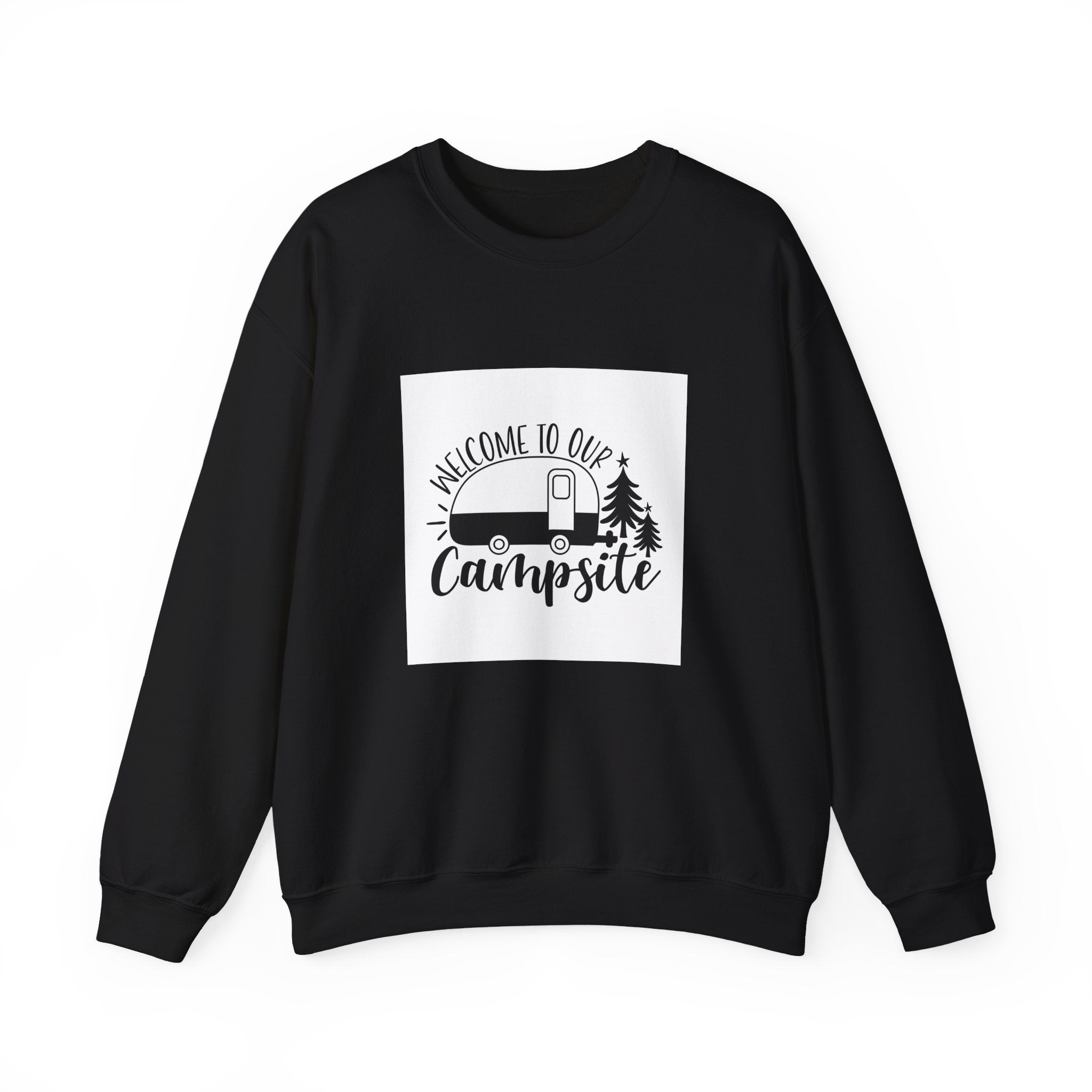 Campsite Crewneck Sweatshirt - "Welcome to Our Campsite" Camper & Pine Trees