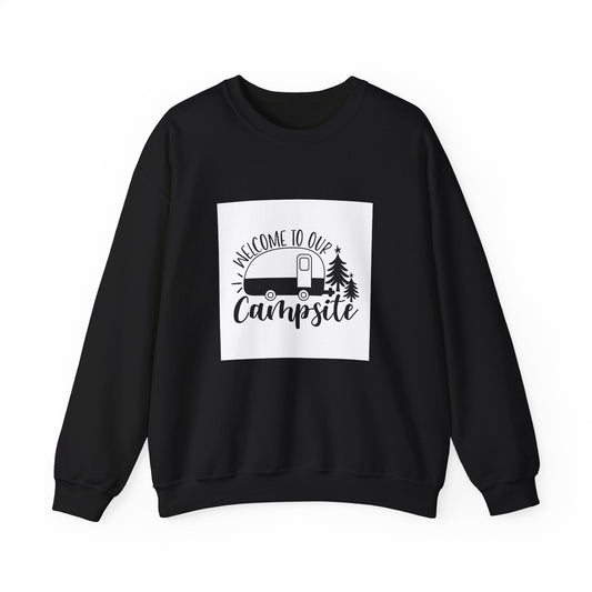 Campsite Crewneck Sweatshirt - "Welcome to Our Campsite" Camper & Pine Trees