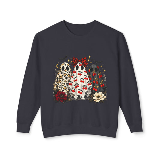 Ghost Trio Graphic Sweatshirt — Cute Halloween Gnomes with Bats & Bows