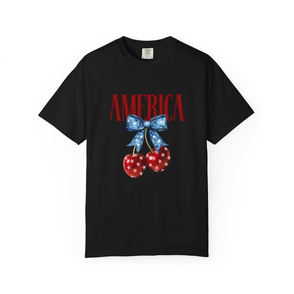 America Cherry Graphic T‑Shirt — Patriotic Stars & Stripes Bow Tee
