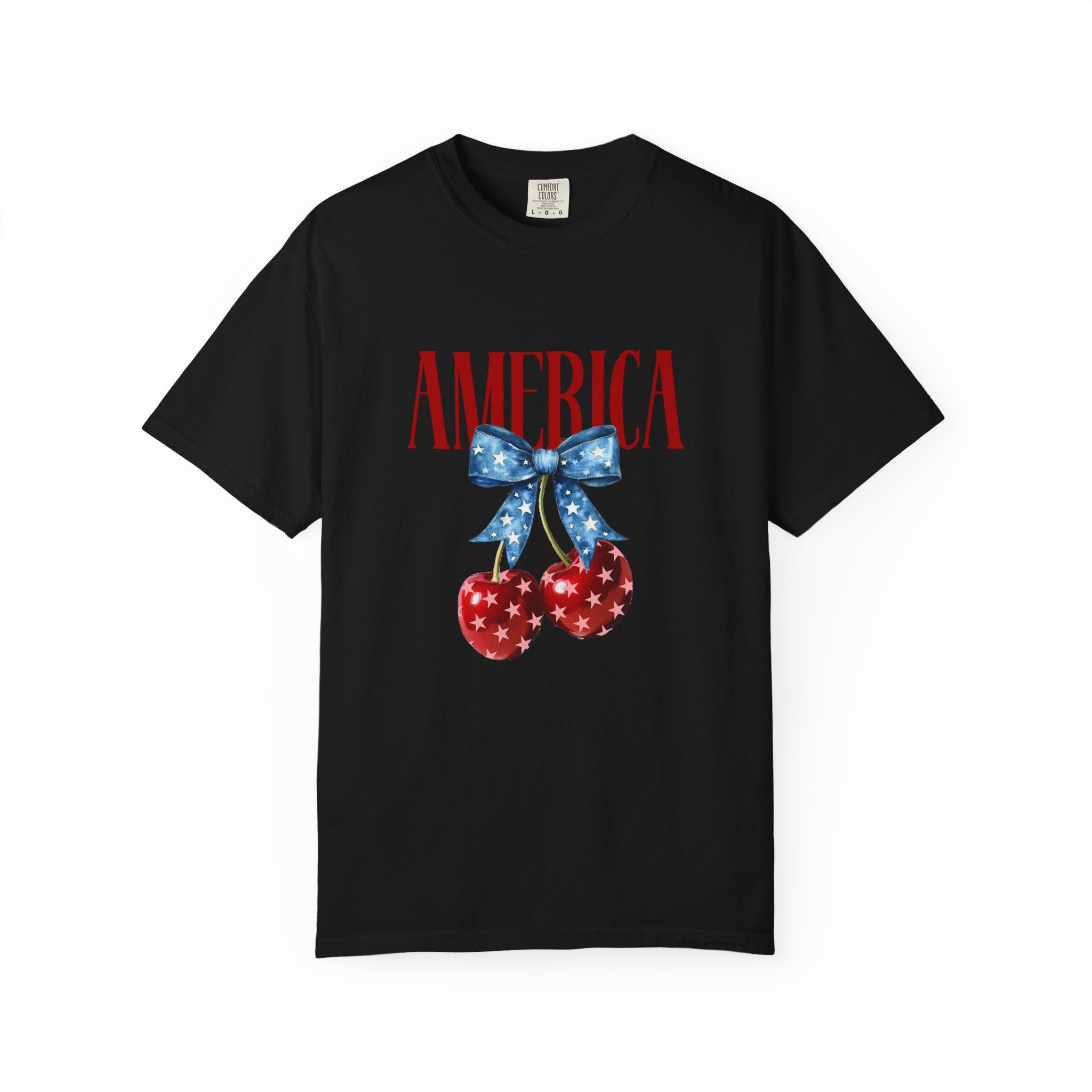America Cherry Graphic T‑Shirt — Patriotic Stars & Stripes Bow Tee