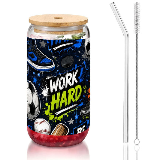 Glass Tumbler with Straw  Bamboo Lid  (16oz) Sports Collage
